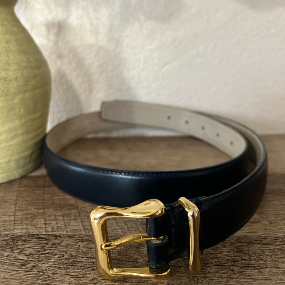 Liz Claiborne Navy Leather Belt with Gold Buckle